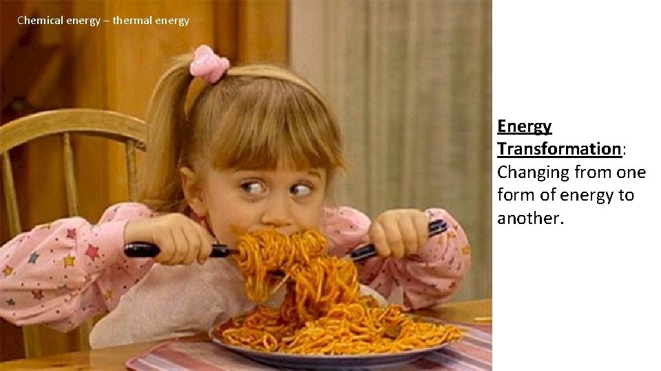 Chemical energy – thermal energy Energy Transformation: Changing from one form of energy to