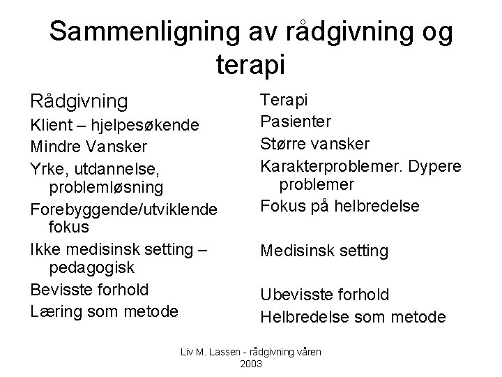 Sammenligning av rådgivning og terapi Rådgivning Klient – hjelpesøkende Mindre Vansker Yrke, utdannelse, problemløsning