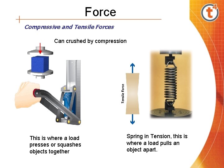 Force Compressive and Tensile Forces Can crushed by compression This is where a load