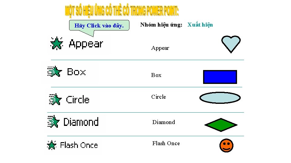 Hãy Click vào đây. Nhóm hiệu ứng: Xuất hiện Appear Box Circle Diamond Flash