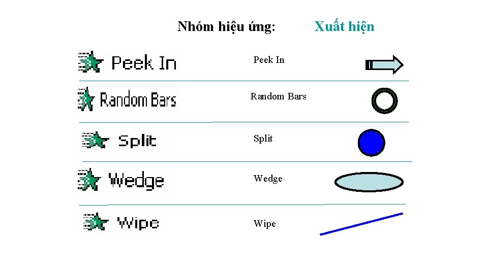 Nhóm hiệu ứng: Peek In Random Bars Split Wedge Wipe Xuất hiện 