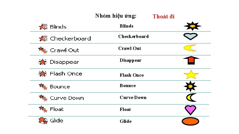 Nhóm hiệu ứng: Blinds Checkerboard Crawl Out Disappear Flash Once Bounce Curve Down Float