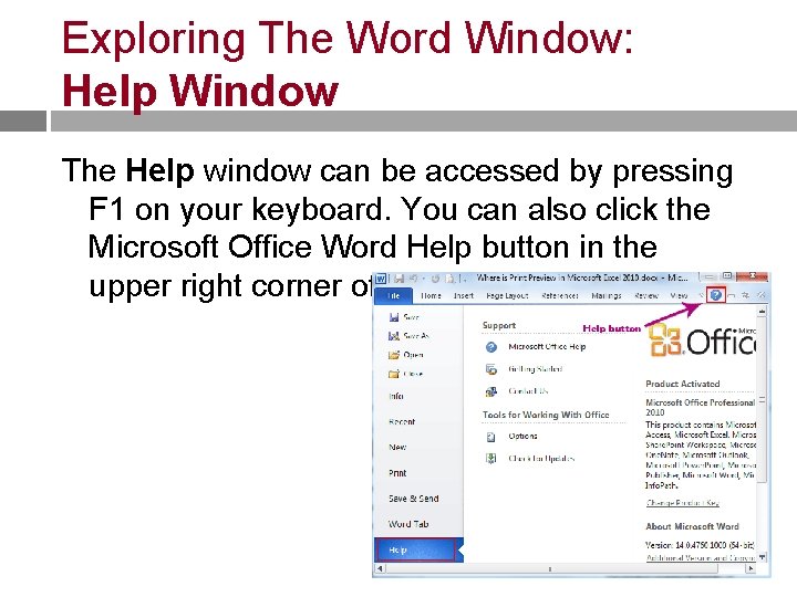 Exploring The Word Window: Help Window The Help window can be accessed by pressing