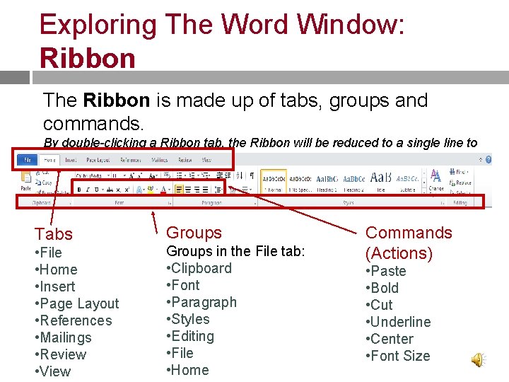 Exploring The Word Window: Ribbon The Ribbon is made up of tabs, groups and