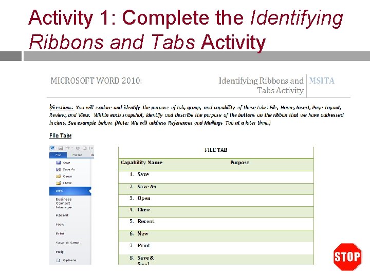 Activity 1: Complete the Identifying Ribbons and Tabs Activity 