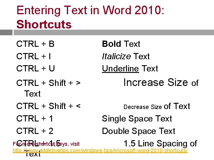 Entering Text in Word 2010: Shortcuts CTRL + B CTRL + I CTRL +