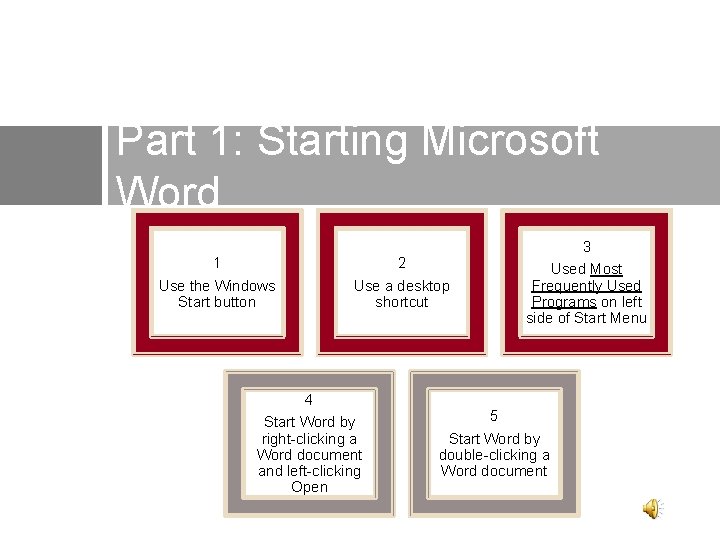 Part 1: Starting Microsoft Word 1 Use the Windows Start button 2 Use a