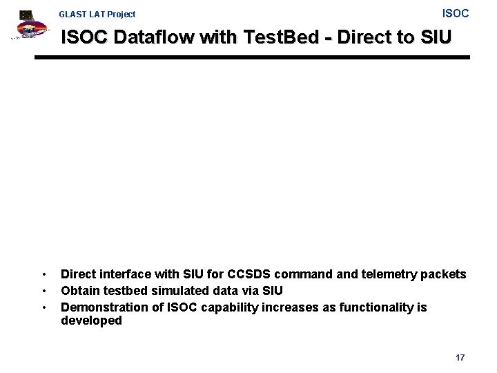 GLAST LAT Project ISOC Dataflow with Test. Bed - Direct to SIU • •