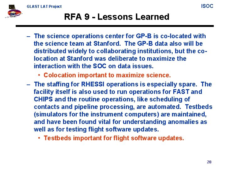 ISOC GLAST LAT Project RFA 9 - Lessons Learned – The science operations center