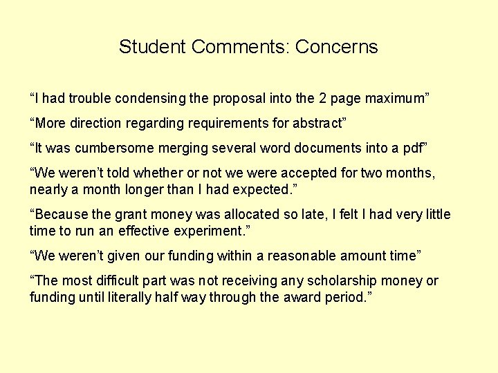 Student Comments: Concerns “I had trouble condensing the proposal into the 2 page maximum”