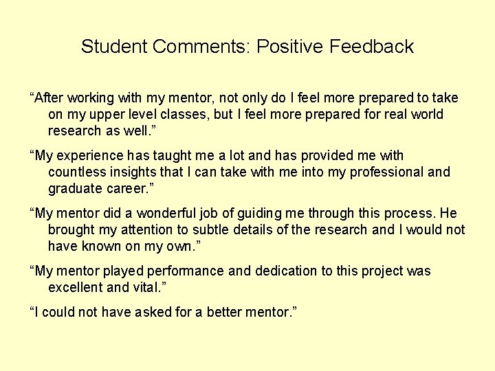 Student Comments: Positive Feedback “After working with my mentor, not only do I feel