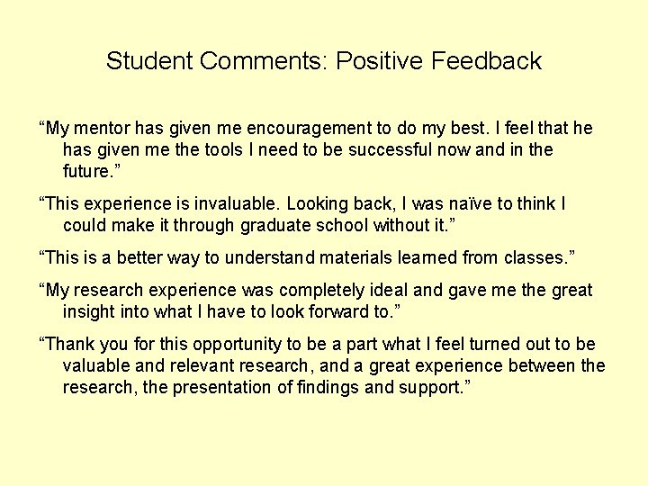 Student Comments: Positive Feedback “My mentor has given me encouragement to do my best.