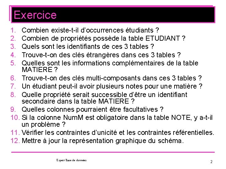 Exercice 1. 2. 3. 4. 5. Combien existe-t-il d’occurrences étudiants ? Combien de propriétés