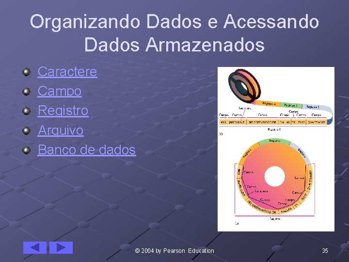 Organizando Dados e Acessando Dados Armazenados Caractere Campo Registro Arquivo Banco de dados ©