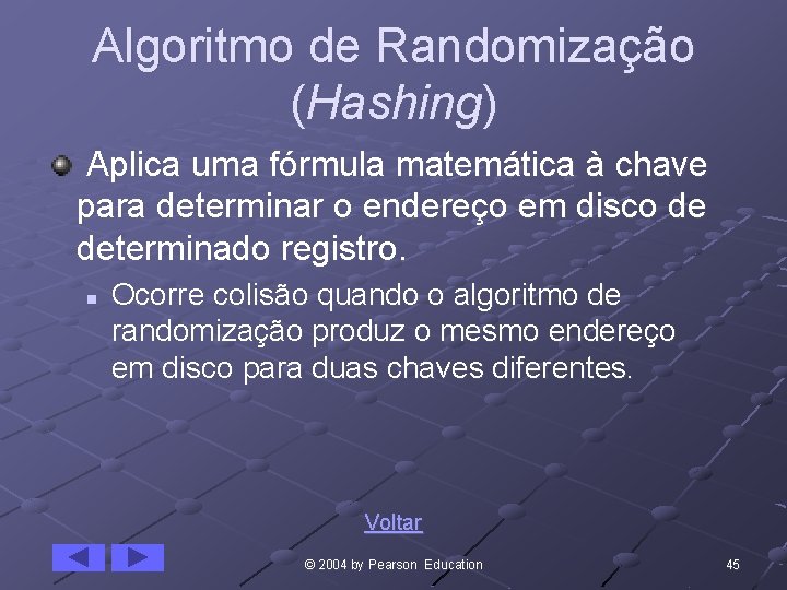 Algoritmo de Randomização (Hashing) Aplica uma fórmula matemática à chave para determinar o endereço