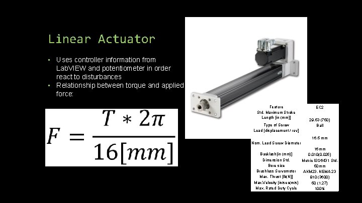 Linear Actuator • Uses controller information from Lab. VIEW and potentiometer in order react Linear Actuator • Uses controller information from Lab. VIEW and potentiometer in order react