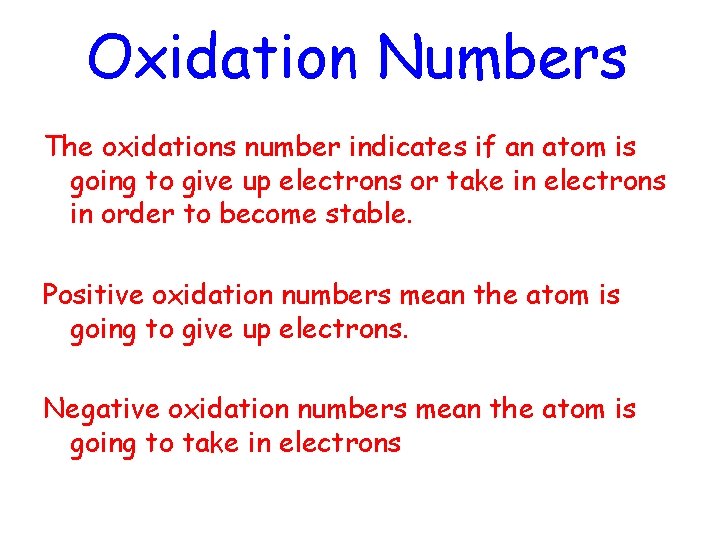 Oxidation Numbers The oxidations number indicates if an atom is going to give up