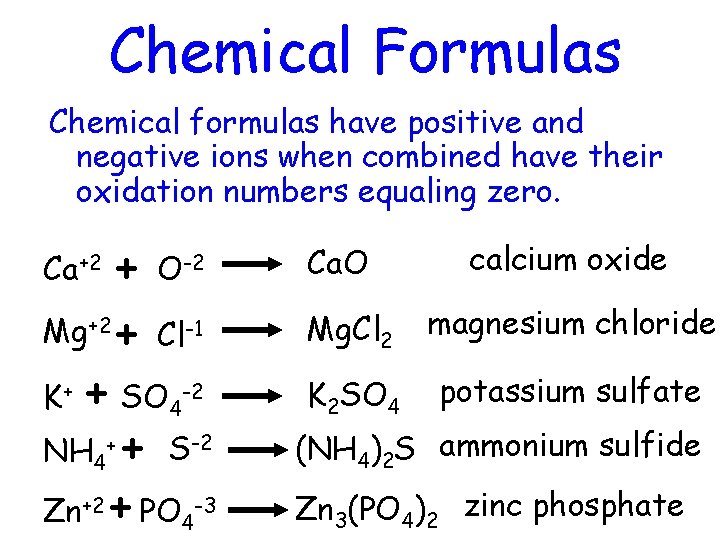 Chemical Formulas Chemical formulas have positive and negative ions when combined have their oxidation