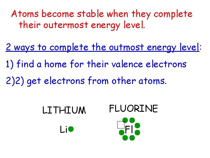 Atoms become stable when they complete their outermost energy level. 2 ways to complete