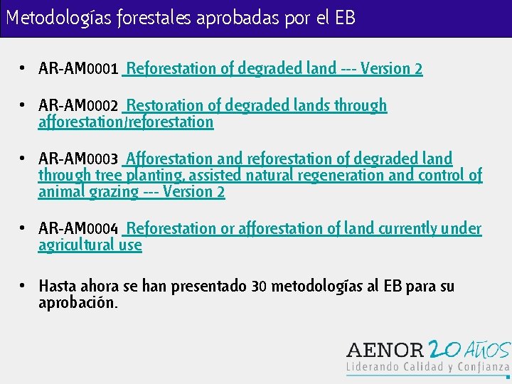 Metodologías forestales aprobadas por el EB • AR-AM 0001 Reforestation of degraded land ---