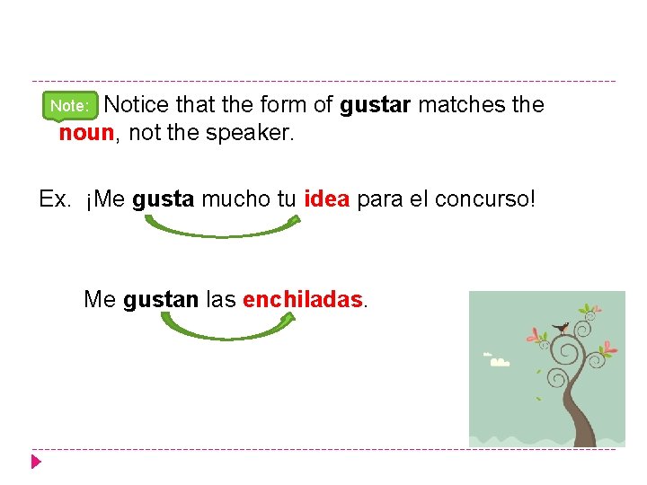 Notice that the form of gustar matches the noun, not the speaker. Note: Ex.