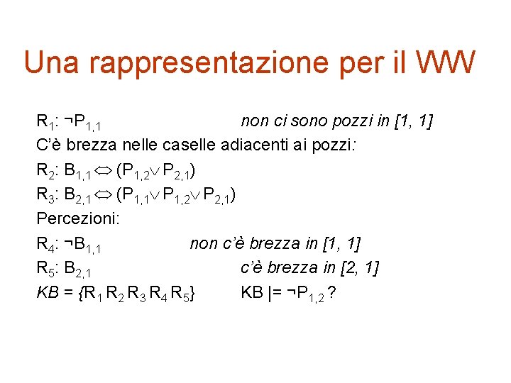 Una rappresentazione per il WW R 1: ¬P 1, 1 non ci sono pozzi