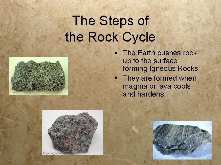 The Steps of the Rock Cycle § The Earth pushes rock up to the