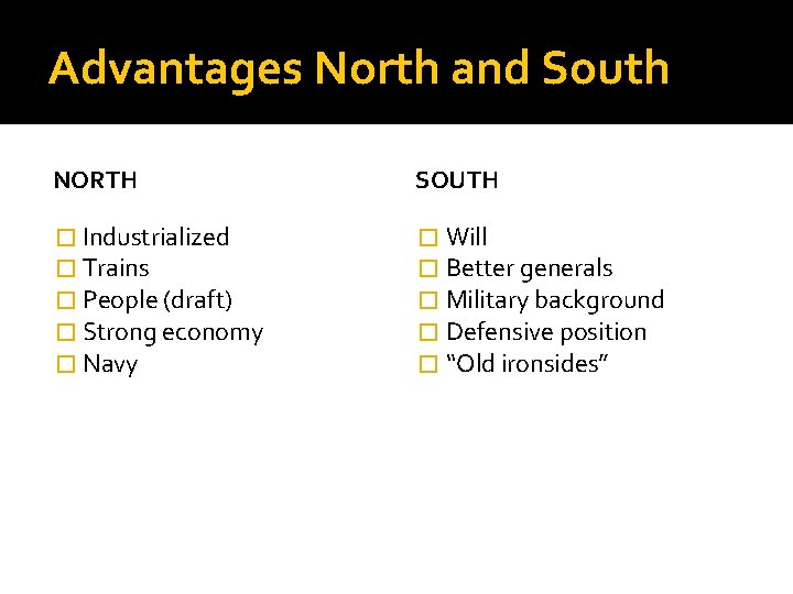 Advantages North and South NORTH SOUTH � Industrialized � Trains � People (draft) �