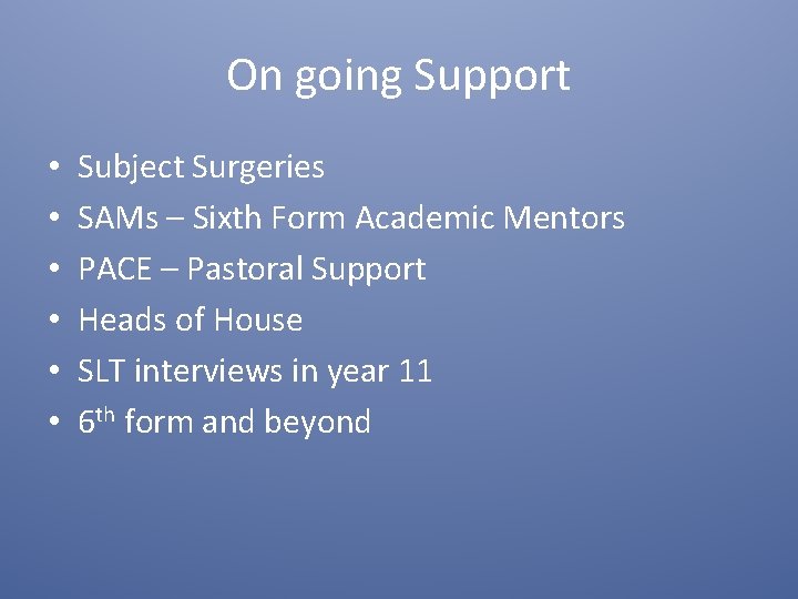 On going Support • • • Subject Surgeries SAMs – Sixth Form Academic Mentors