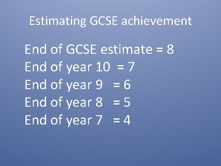 Estimating GCSE achievement End of GCSE estimate = 8 End of year 10 =