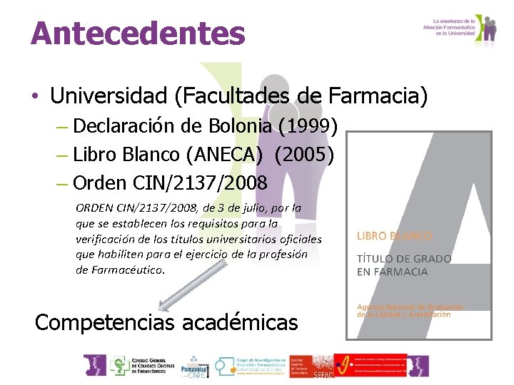 Antecedentes • Universidad (Facultades de Farmacia) – Declaración de Bolonia (1999) – Libro Blanco