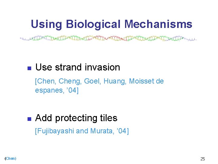 Using Biological Mechanisms n Use strand invasion [Chen, Cheng, Goel, Huang, Moisset de espanes,