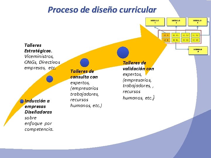 Proceso de diseño curricular Talleres Estratégicos. Viceministros, ONGs, Directivos empresas, etc. Inducción a empresas