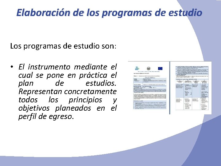 Elaboración de los programas de estudio Los programas de estudio son: • El instrumento