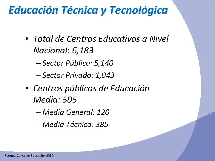 Educación Técnica y Tecnológica • Total de Centros Educativos a Nivel Nacional: 6, 183