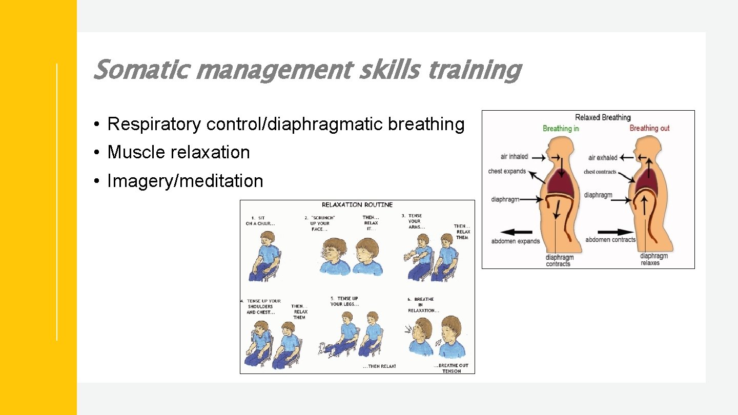 Somatic management skills training • Respiratory control/diaphragmatic breathing • Muscle relaxation • Imagery/meditation 