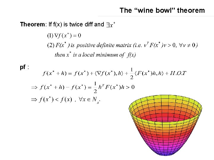 The “wine bowl" theorem Theorem: If f(x) is twice diff and pf : 