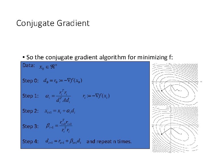 Conjugate Gradient • So the conjugate gradient algorithm for minimizing f: Data: Step 0: