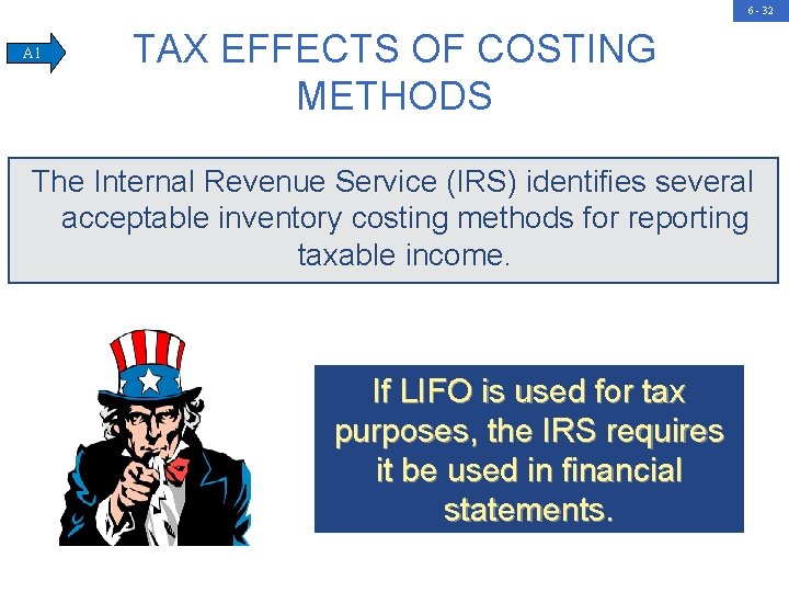 6 - 32 A 1 TAX EFFECTS OF COSTING METHODS The Internal Revenue Service