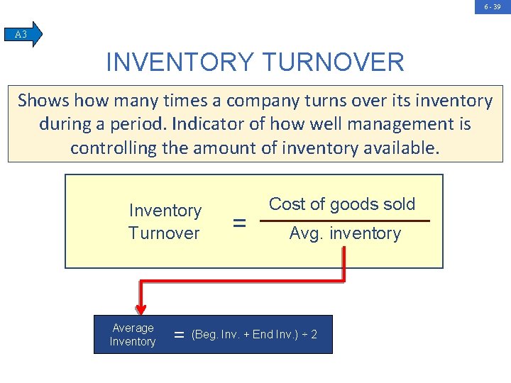 6 - 39 A 3 INVENTORY TURNOVER Shows how many times a company turns