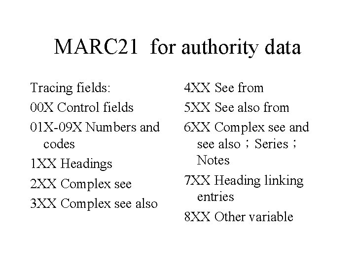 MARC 21 for authority data Tracing fields: 00 X Control fields 01 X-09 X