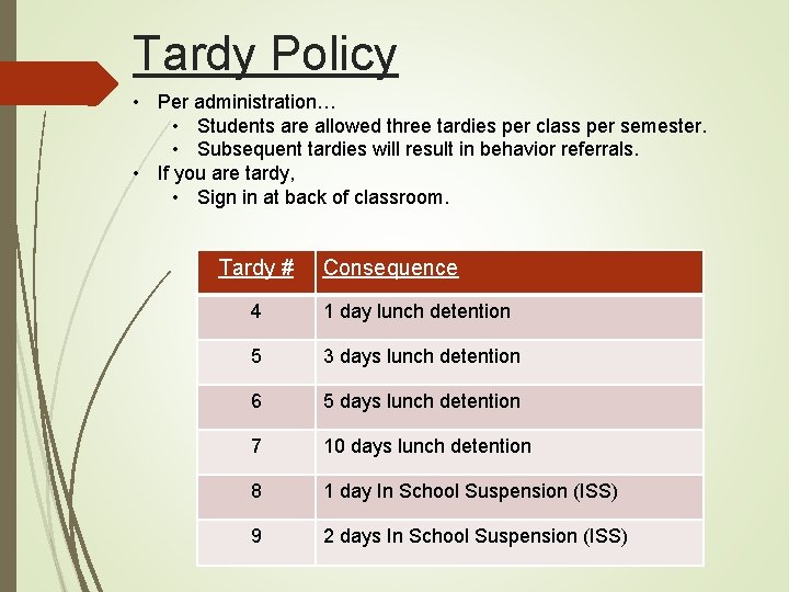 Tardy Policy • Per administration… • Students are allowed three tardies per class per