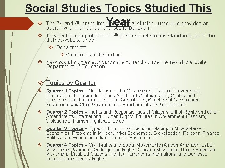 Social Studies Topics Studied This The 7 and 8 grade integrated social studies curriculum