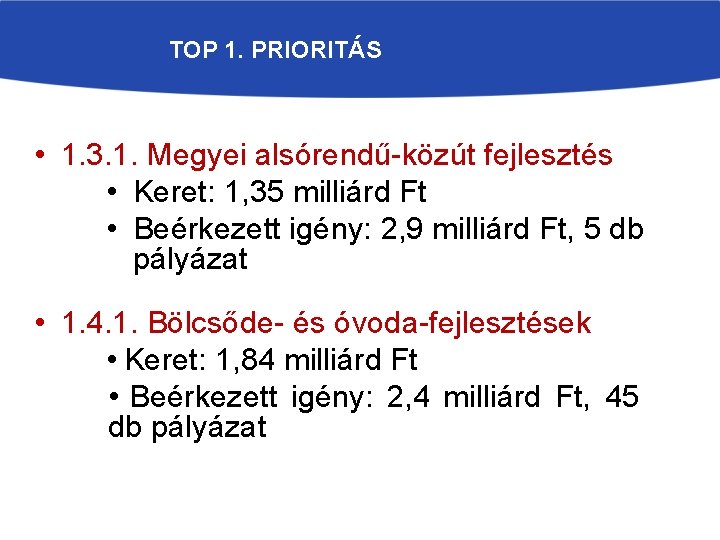 TOP 1. PRIORITÁS • 1. 3. 1. Megyei alsórendű-közút fejlesztés • Keret: 1, 35