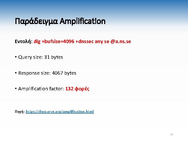 Παράδειγμα Amplification Εντολή: dig +bufsize=4096 +dnssec any se @a. ns. se • Query size: