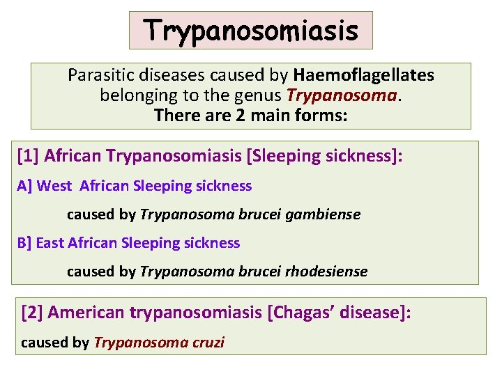 Trypanosomiasis Parasitic diseases caused by Haemoflagellates belonging to the genus Trypanosoma. There are 2