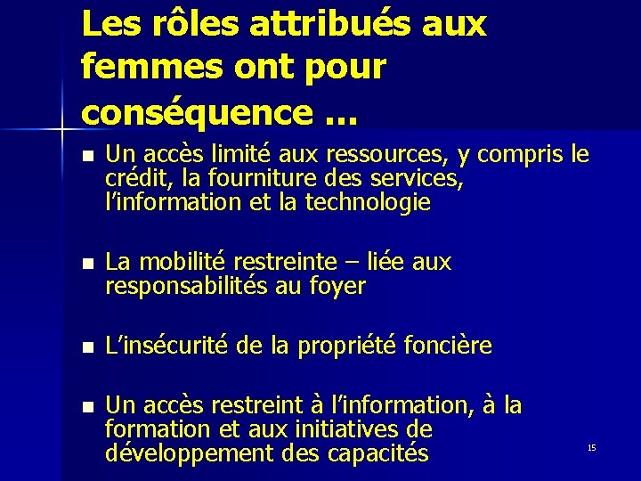 Les rôles attribués aux femmes ont pour conséquence … n Un accès limité aux