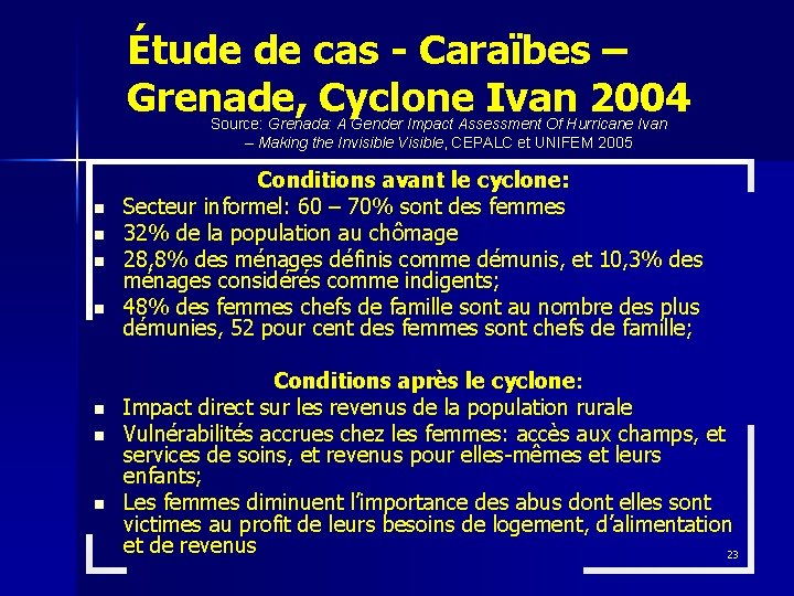Étude de cas - Caraïbes – Grenade, Cyclone Ivan 2004 Source: Grenada: A Gender