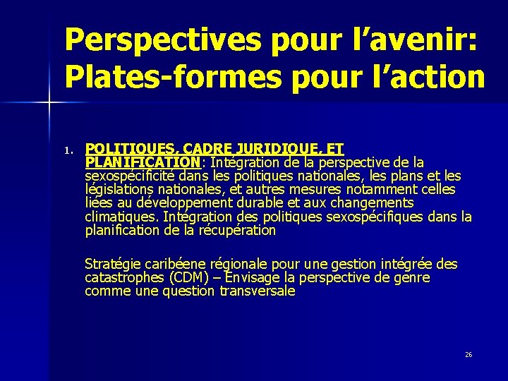 Perspectives pour l’avenir: Plates-formes pour l’action 1. POLITIQUES, CADRE JURIDIQUE, ET PLANIFICATION: Intégration de