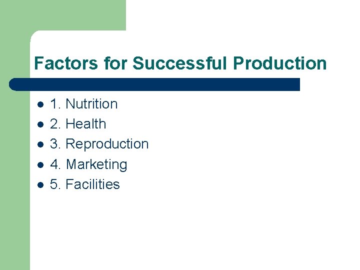 Factors for Successful Production l l l 1. Nutrition 2. Health 3. Reproduction 4.